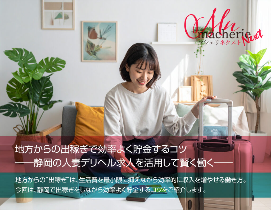 静岡で人妻デリヘル求人に出稼ぎ中の女性が、キャリーケースを横に置きながらノートパソコンで収入と貯金を確認している様子