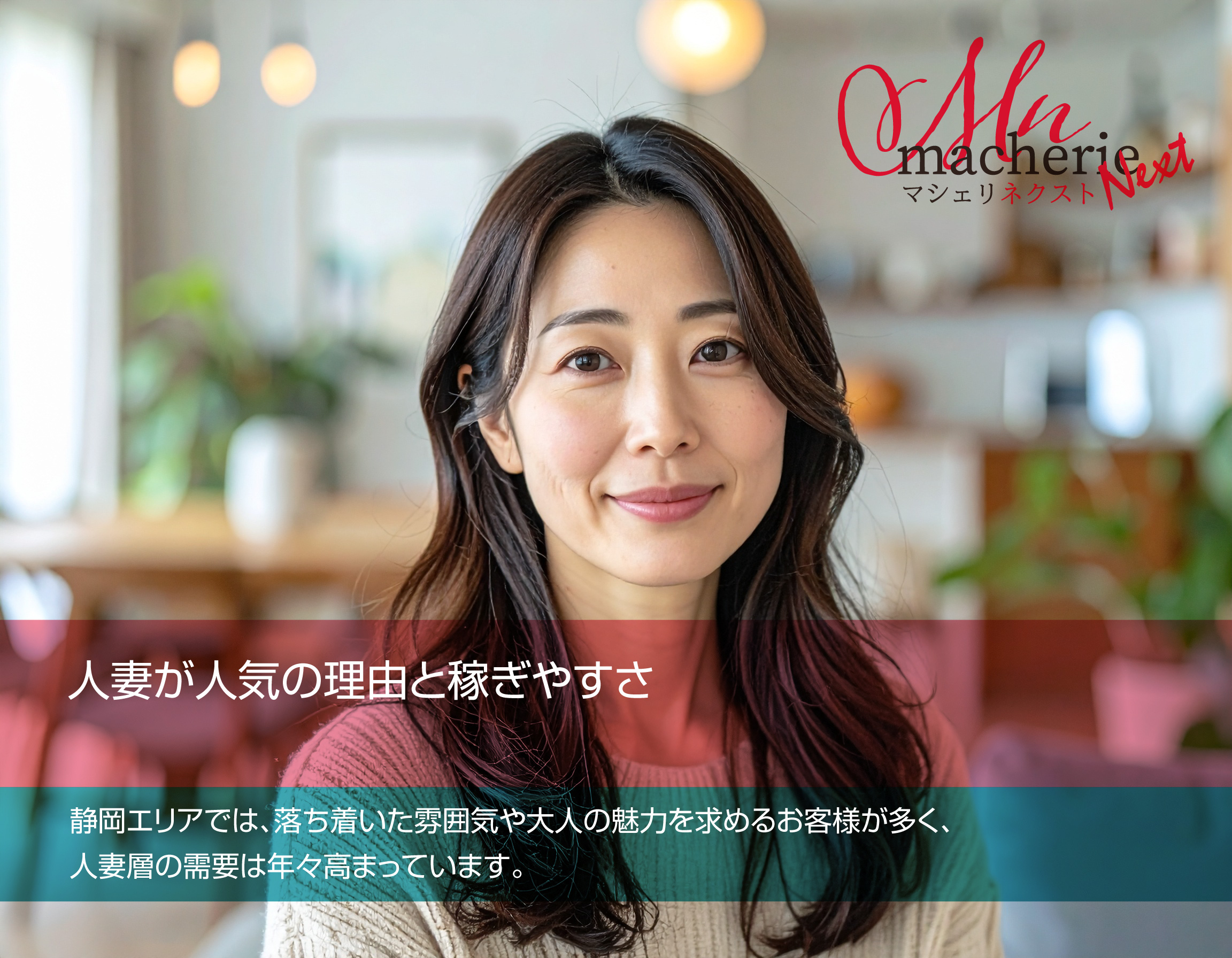 静岡で人気の人妻求人をイメージした、30代女性の落ち着いた笑顔の写真。安心感と大人の魅力を表現