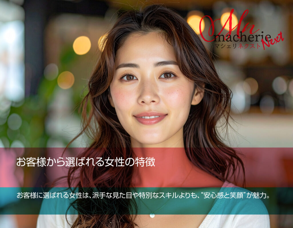 お客様から選ばれる女性の特徴を表現した、清潔感と優しい笑顔の女性の写真
