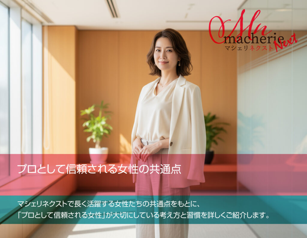 自信を持って微笑む女性。誠実で清潔感のある雰囲気を表現。
