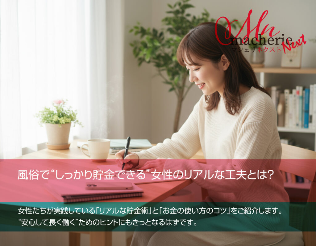 貯金ノートを開いて微笑む女性。風俗で働きながら堅実にお金を管理する様子。
