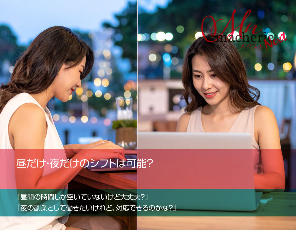 静岡で昼だけ・夜だけ勤務が可能なデリヘル求人をイメージした女性の写真。昼はカフェ、夜は夜景を背景に微笑む姿