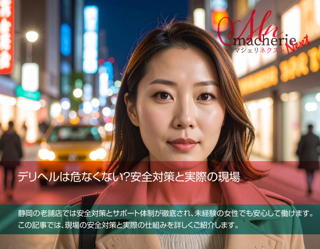 静岡で安心して働けるデリヘル求人をイメージした、夜の街を歩く30代女性の写真。安全で信頼感のある雰囲気