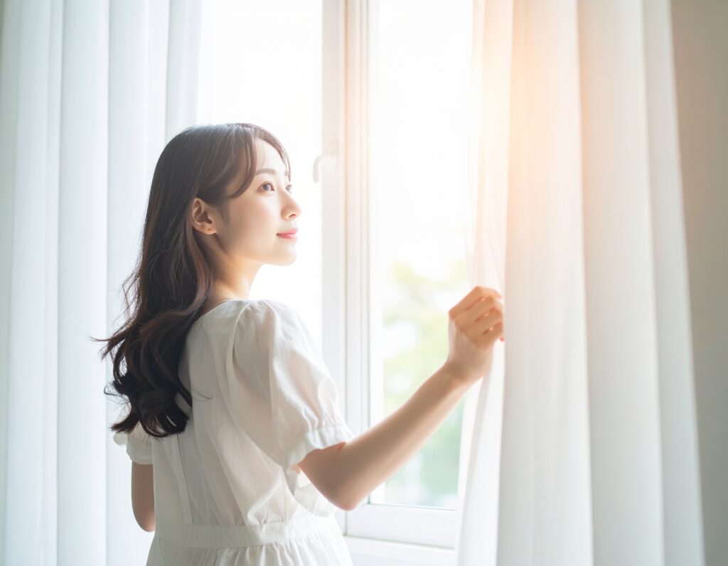 窓辺で柔らかく微笑む20代女性。希望を感じさせる応募誘導エリアのビジュアル