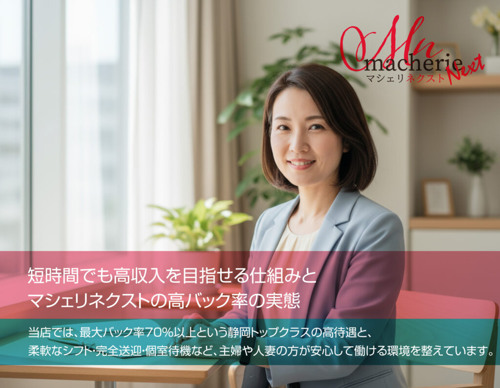 落ち着いた雰囲気の個室で笑顔の女性キャストが待機している様子。
「短時間でも高収入」「老舗の信頼」「最大バック率70％」を象徴する安心感あるイメージ。